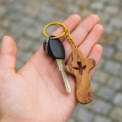 Handcrafted olive wood cross keychain with dove cut out – 2.4 x 1.4 inches symbol of peace keychain