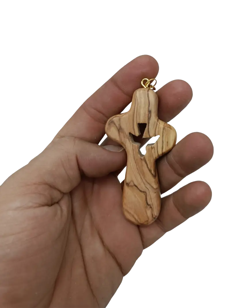 Handcrafted olive wood cross keychain with dove cut out – 2.4 x 1.4 inches symbol of peace keychain