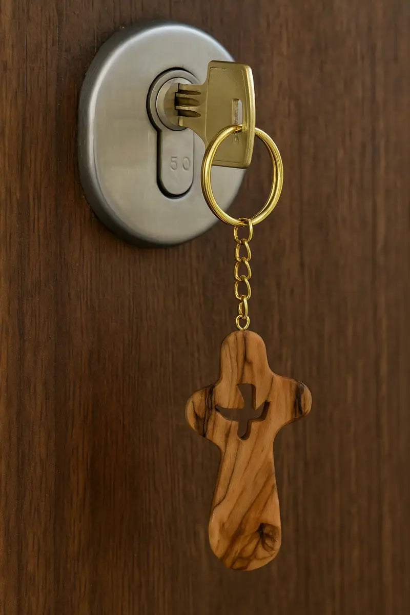 Handcrafted olive wood cross keychain with dove cut out – 2.4 x 1.4 inches symbol of peace keychain