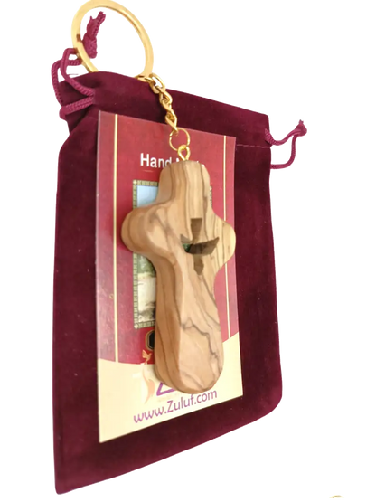 Handcrafted olive wood cross keychain with dove cut out – 2.4 x 1.4 inches symbol of peace keychain