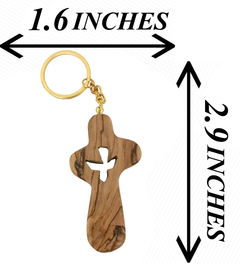 Handcrafted olive wood cross keychain with dove cut out – 2.4 x 1.4 inches symbol of peace keychain