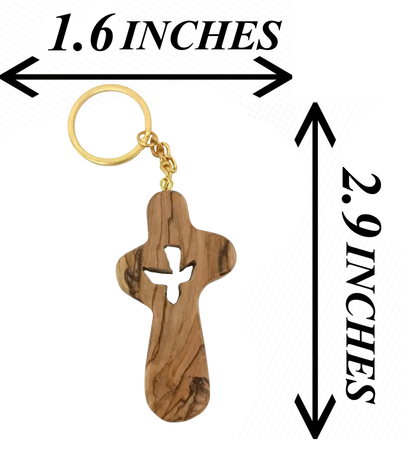 Handcrafted olive wood cross keychain with dove cut out – 2.4 x 1.4 inches symbol of peace keychain