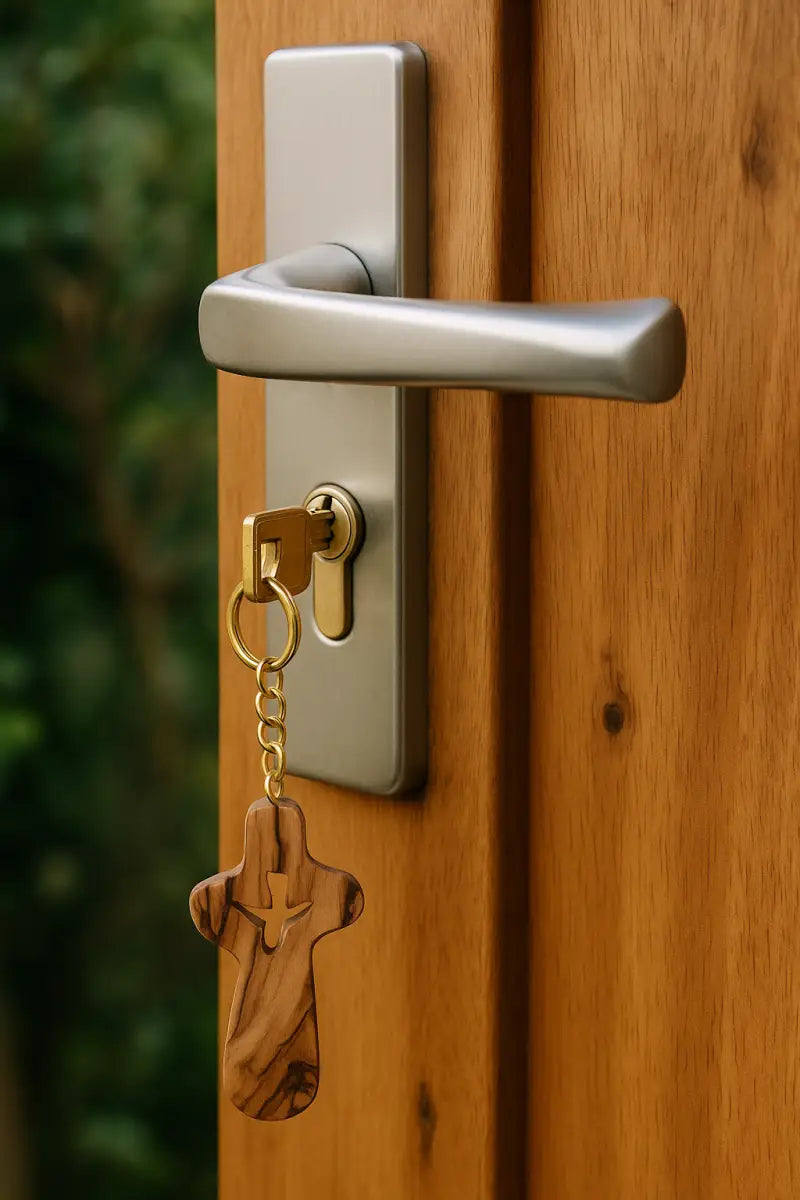 Handcrafted olive wood cross keychain with dove cut out – 2.4 x 1.4 inches symbol of peace keychain