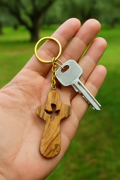 Handcrafted olive wood cross keychain with dove cut out – 2.4 x 1.4 inches symbol of peace keychain