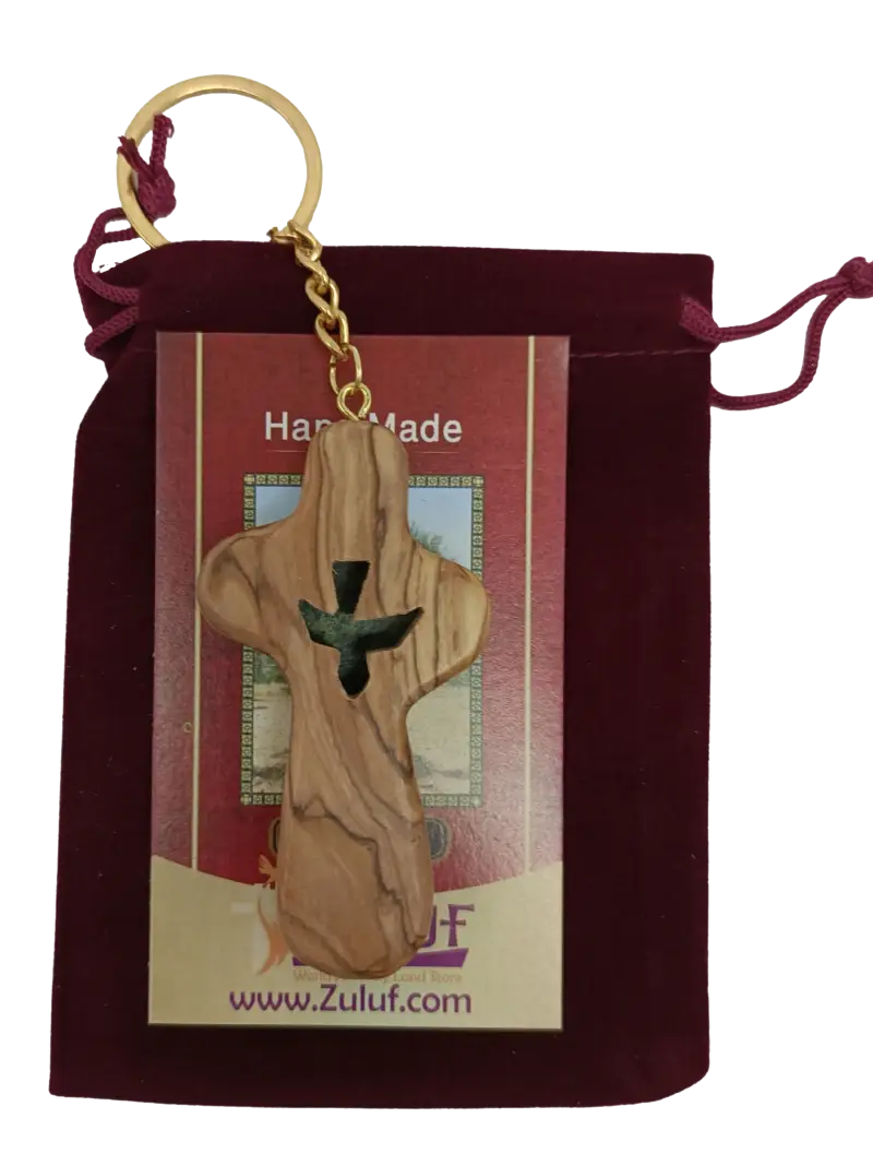 Handcrafted olive wood cross keychain with dove cut out – 2.4 x 1.4 inches symbol of peace keychain