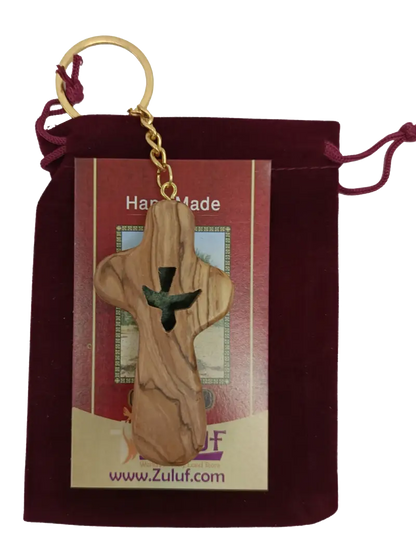 Handcrafted olive wood cross keychain with dove cut out – 2.4 x 1.4 inches symbol of peace keychain