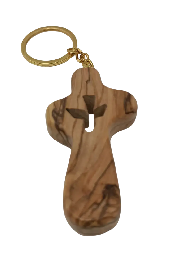 Handcrafted olive wood cross keychain with dove cut out – 2.4 x 1.4 inches symbol of peace keychain