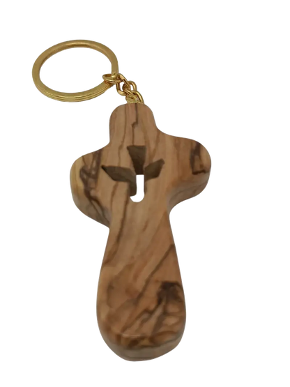 Handcrafted olive wood cross keychain with dove cut out – 2.4 x 1.4 inches symbol of peace keychain