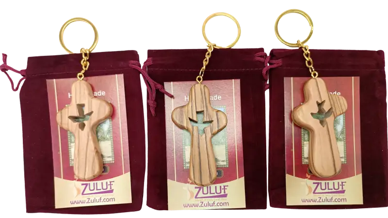 Handcrafted olive wood cross keychain with dove cut out – 2.4 x 1.4 inches symbol of peace 3 keychain