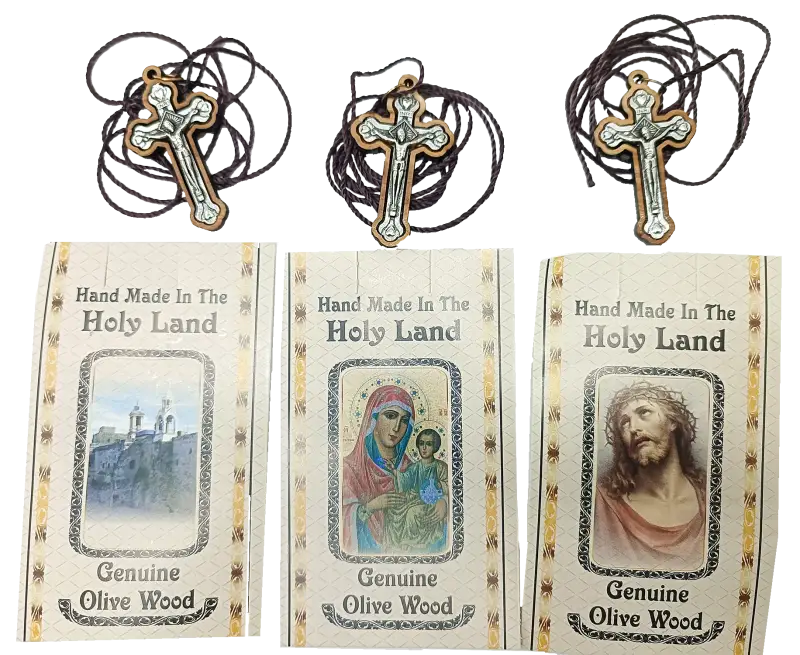 Handcrafted olive wood crucifix necklace set