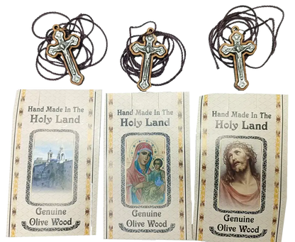Handcrafted olive wood crucifix necklace set