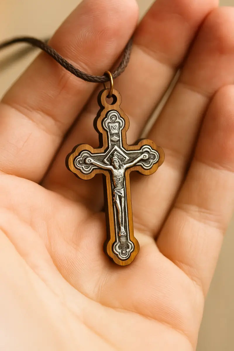 Handcrafted olive wood crucifix necklace set