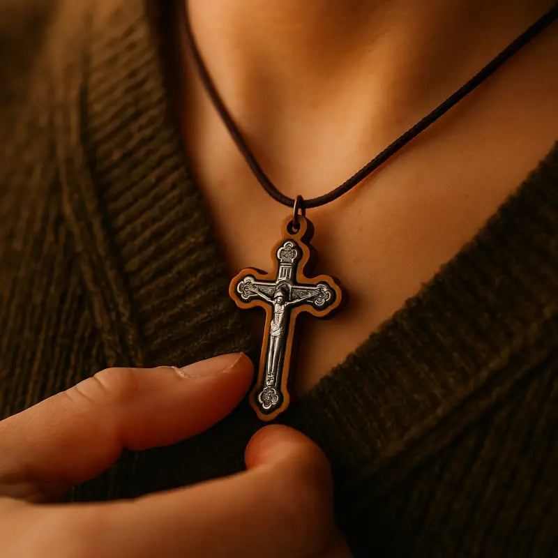 Handcrafted olive wood crucifix necklace set