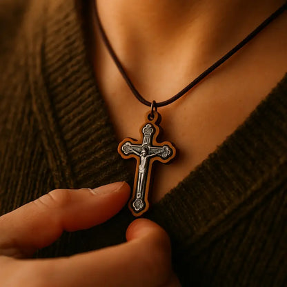 Handcrafted olive wood crucifix necklace set
