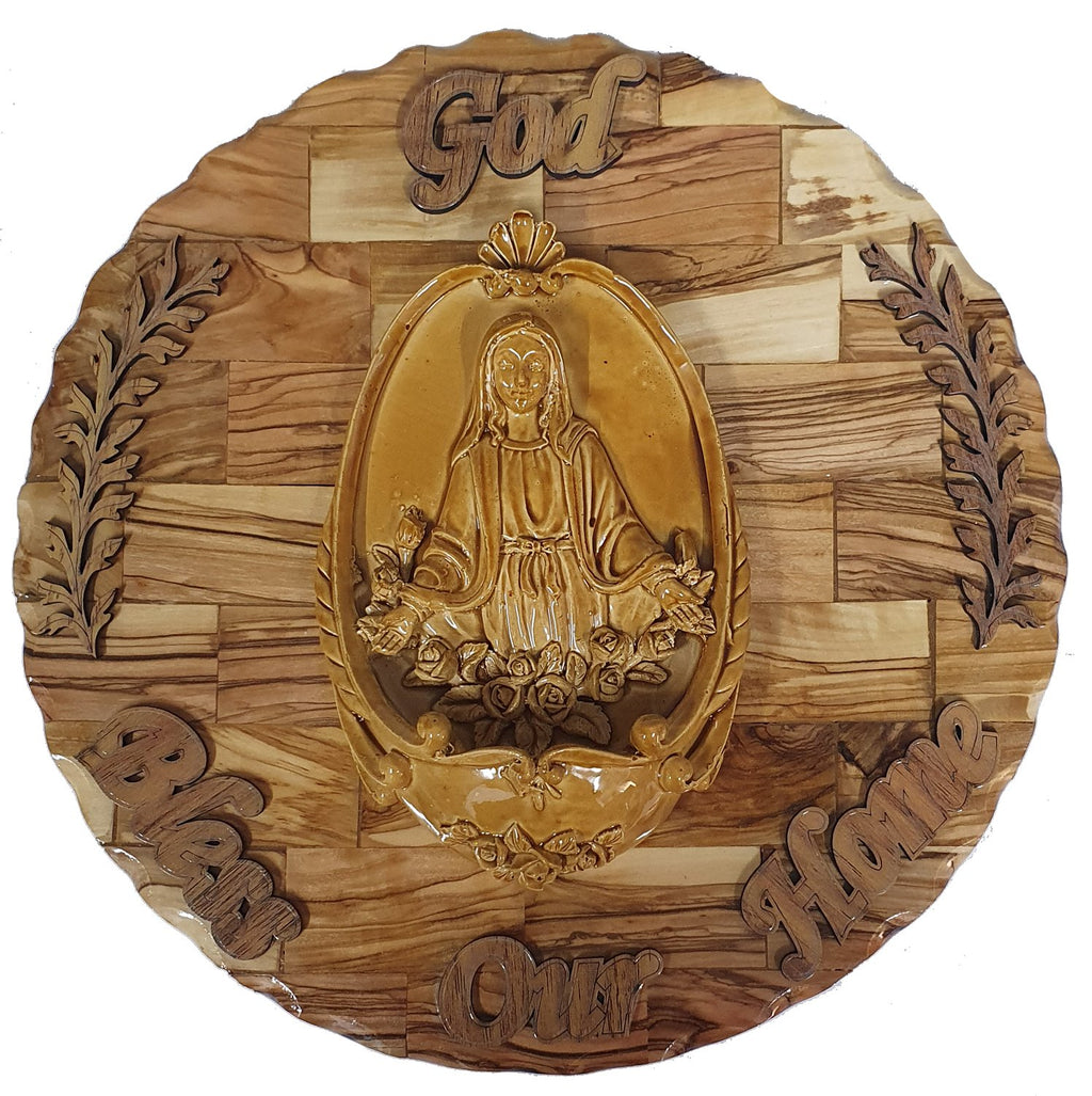 Handcrafted Olive Wood "God Bless Our Home" Wall Hanging Plaque with Gypsum Craft Holy Family - Premium Religious Decor for Your Home - Zuluf