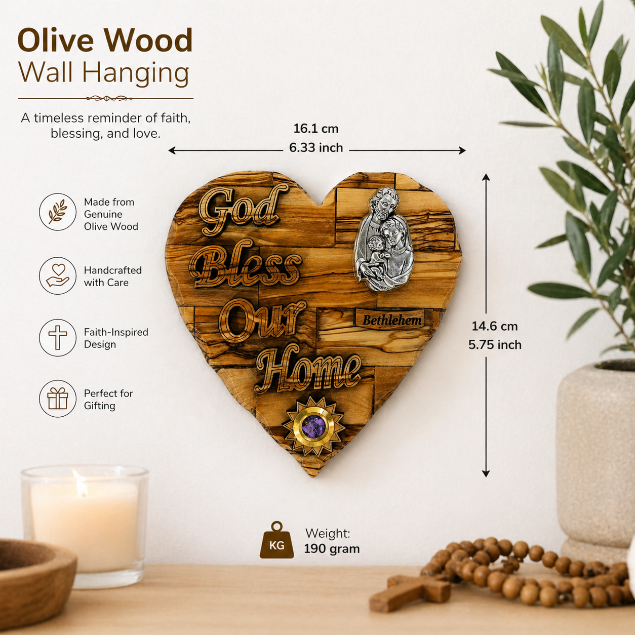 Olive wood Holy Family heart plaque features lifestyle scene with olive branch and candle, Bethlehem