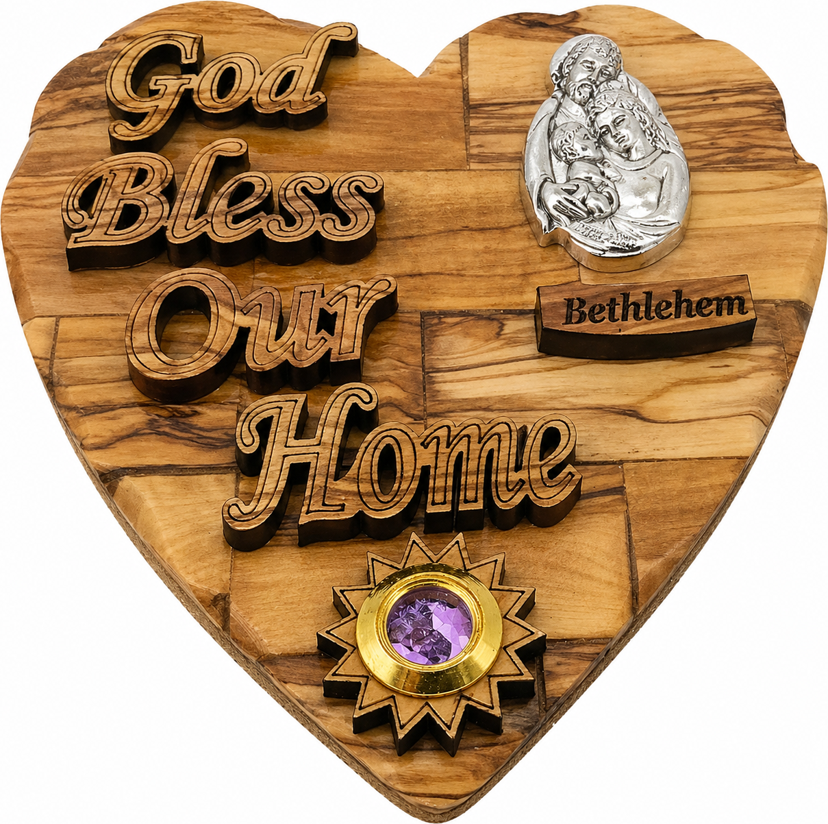 Pewter Holy Family medallion closeup on olive wood heart plaque from Bethlehem with frankincense container