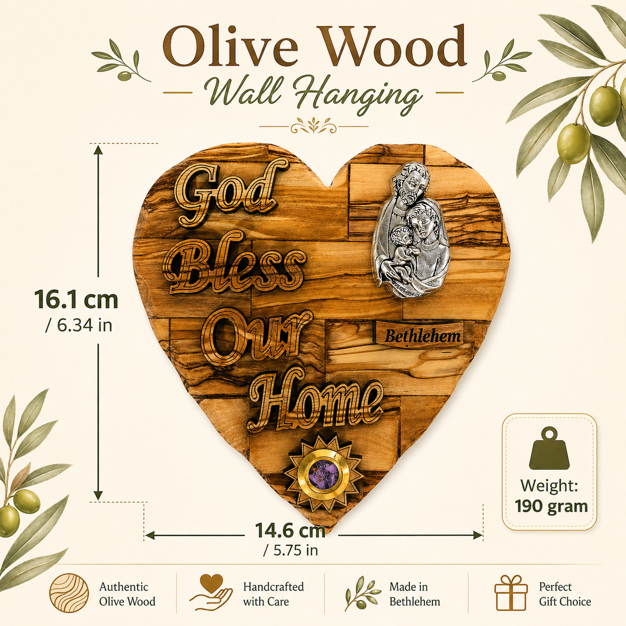 Olive wood Holy Family heart plaque size diagram 16.4 x 14.6 cm 190 grams, Bethlehem