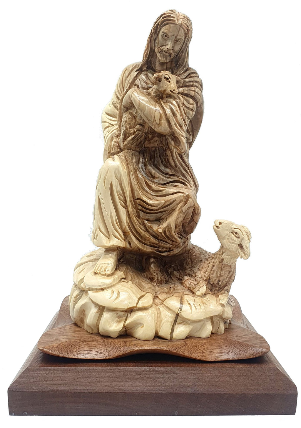 Handcrafted Olive Wood Jesus the Good Shepherd Statue - Authentic Holy Land Art | Unique Christian Religious Decor & Gift - Zuluf