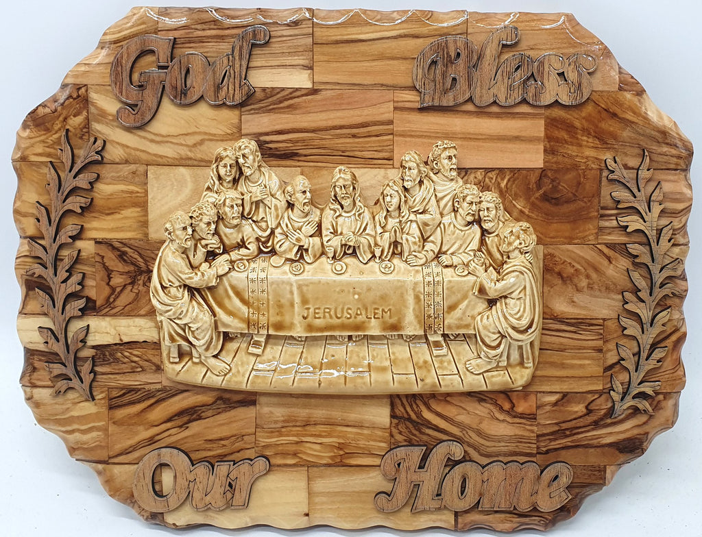 Handcrafted Olive Wood Plaque with Gypsum Last Supper Relief - Premium Christian Wall Art & Religious Decor for Home - Zuluf