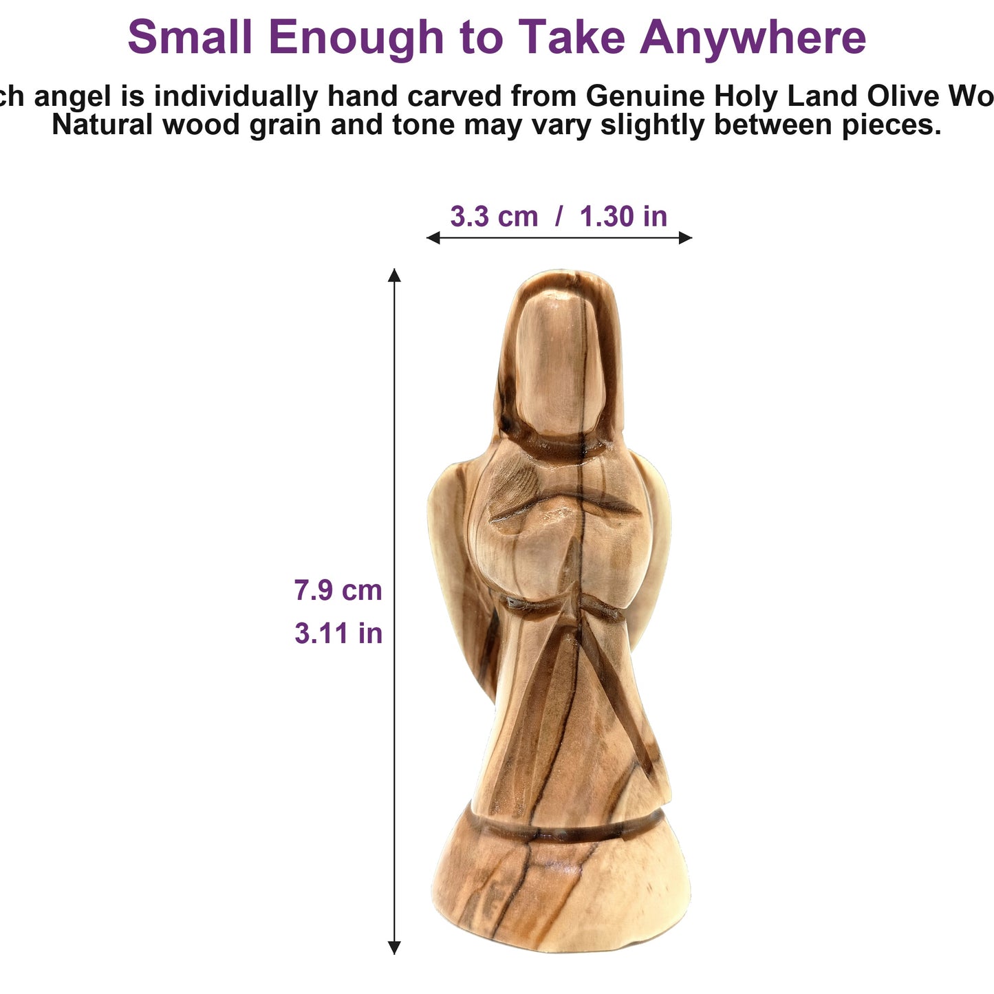 Holy Land olive wood Mini Praying Angel shown at 3.1 inches tall, a perfect compact size for gifting or display.