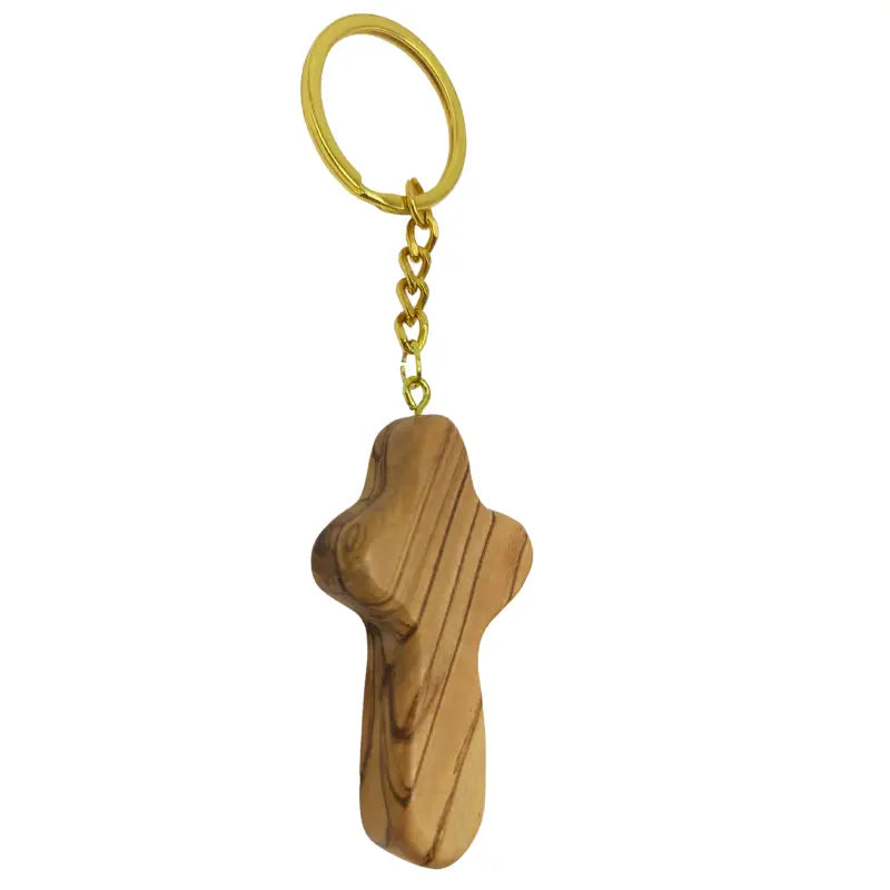 Handcrafted smooth olive wood cross keychain – 2.4 x 1.4 inches comfort keychain