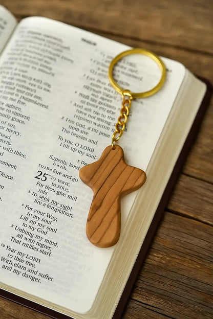 Handcrafted smooth olive wood cross keychain – 2.4 x 1.4 inches comfort keychain