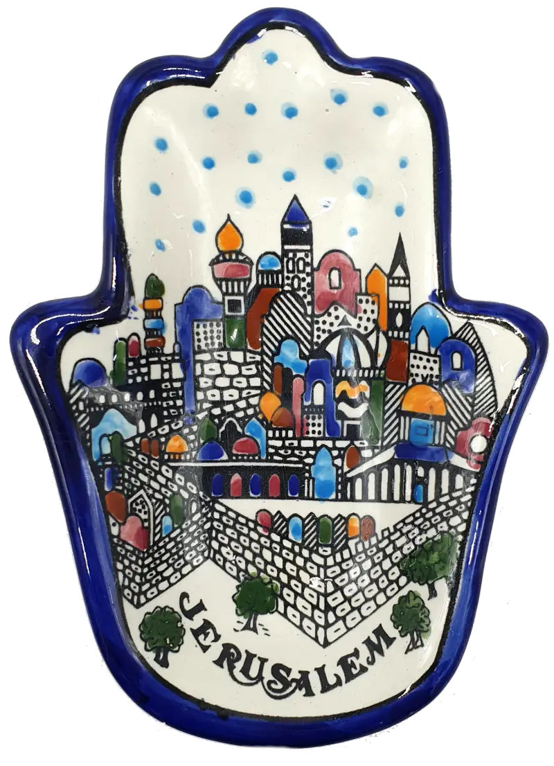 Handmade ceramic hamsa plate from hebron authentic pottery decor - cr070 jerusalem