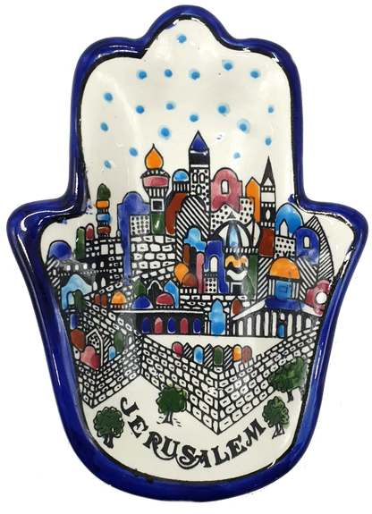 Handmade ceramic hamsa plate from hebron authentic pottery decor - cr070 jerusalem