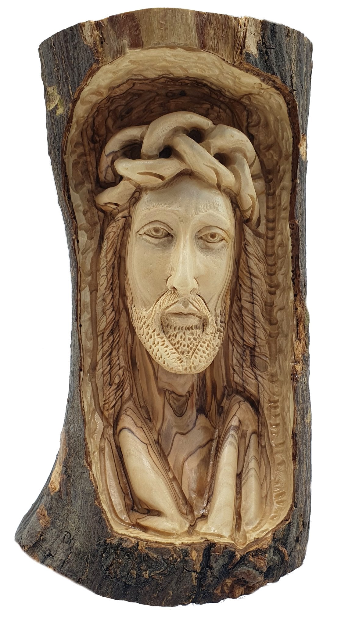 Handmade Jesus Head Sculpture - Carved from Olive Wood Branch in the Holy Land, Bethlehem | High - Quality Religious Decor and Gift - Zuluf