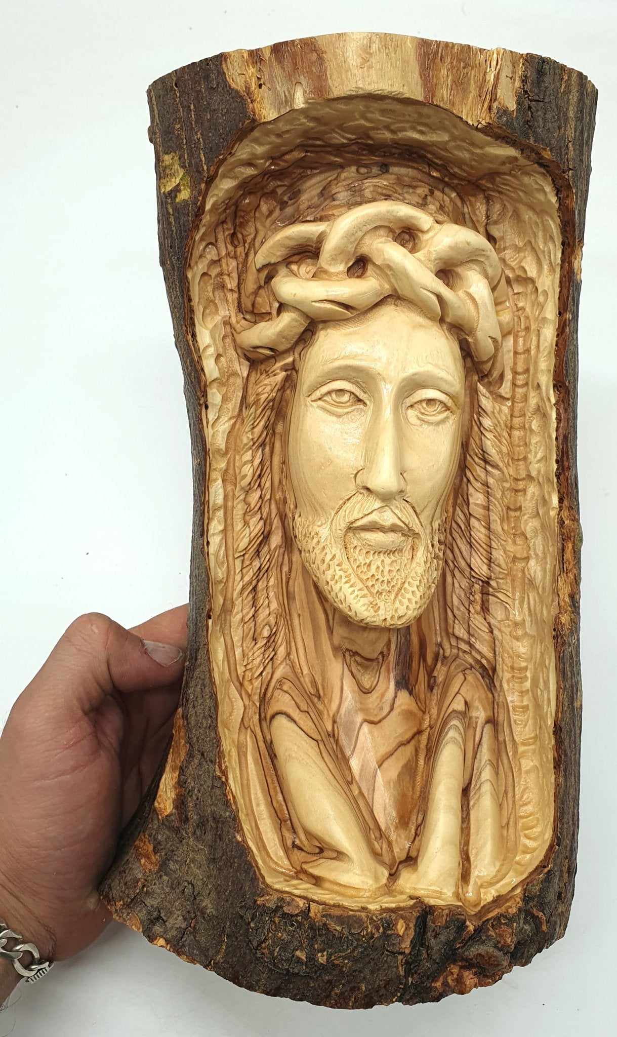 Handmade Jesus Head Sculpture - Carved from Olive Wood Branch in the Holy Land, Bethlehem | High - Quality Religious Decor and Gift - Zuluf