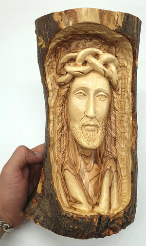 Handmade Jesus Head Sculpture - Carved from Olive Wood Branch in the Holy Land, Bethlehem | High - Quality Religious Decor and Gift - Zuluf