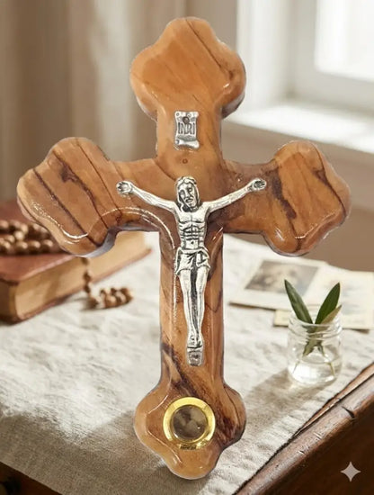 Handmade olive wood cross from bethlehem holy land with genuine stone - crosses