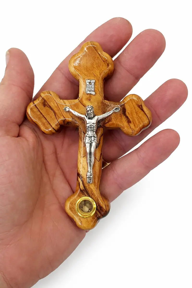 Handmade olive wood cross from bethlehem holy land with genuine stone - crosses
