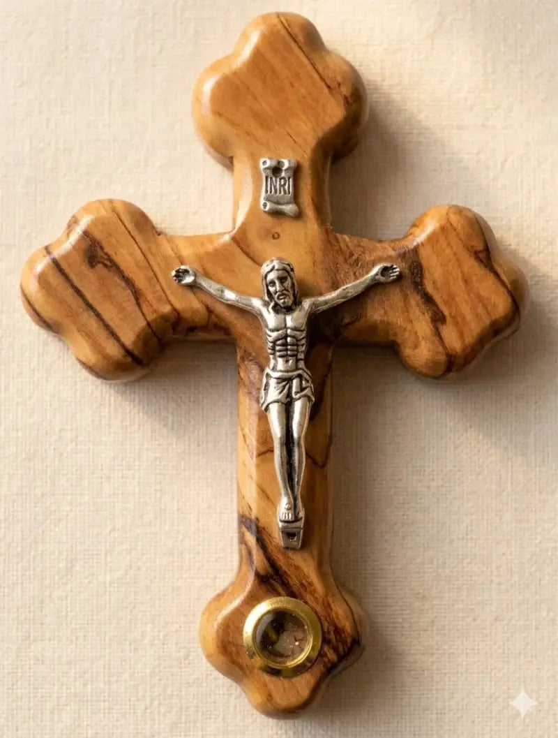 Handmade olive wood cross from bethlehem holy land with genuine stone - crosses