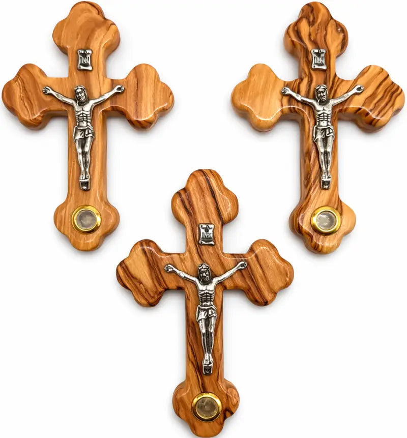 Handmade olive wood cross from bethlehem holy land with genuine stone - crosses