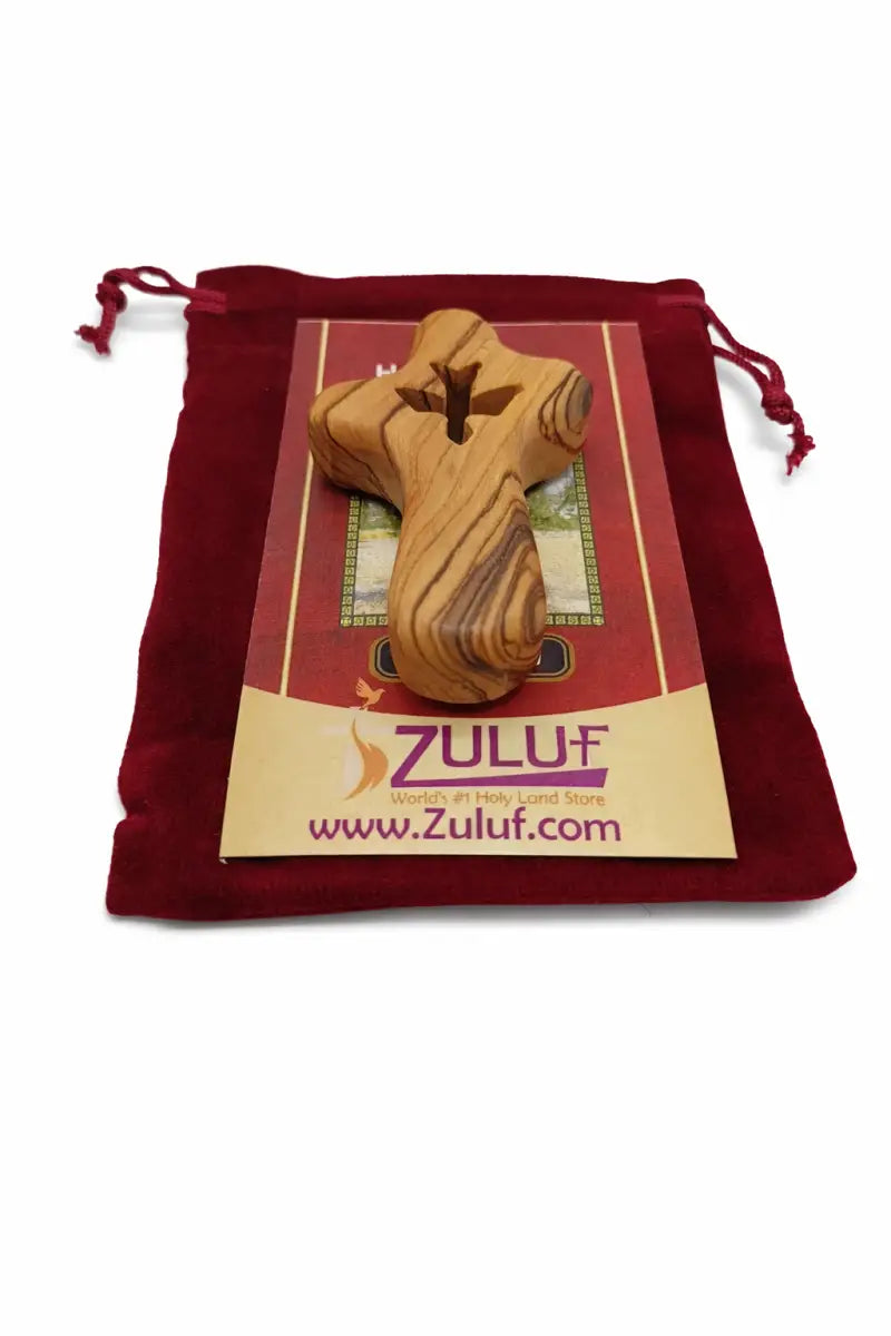 Handmade olive wood cross with dove cutout from bethlehem holy land small christian pocket religious gift velvet bag