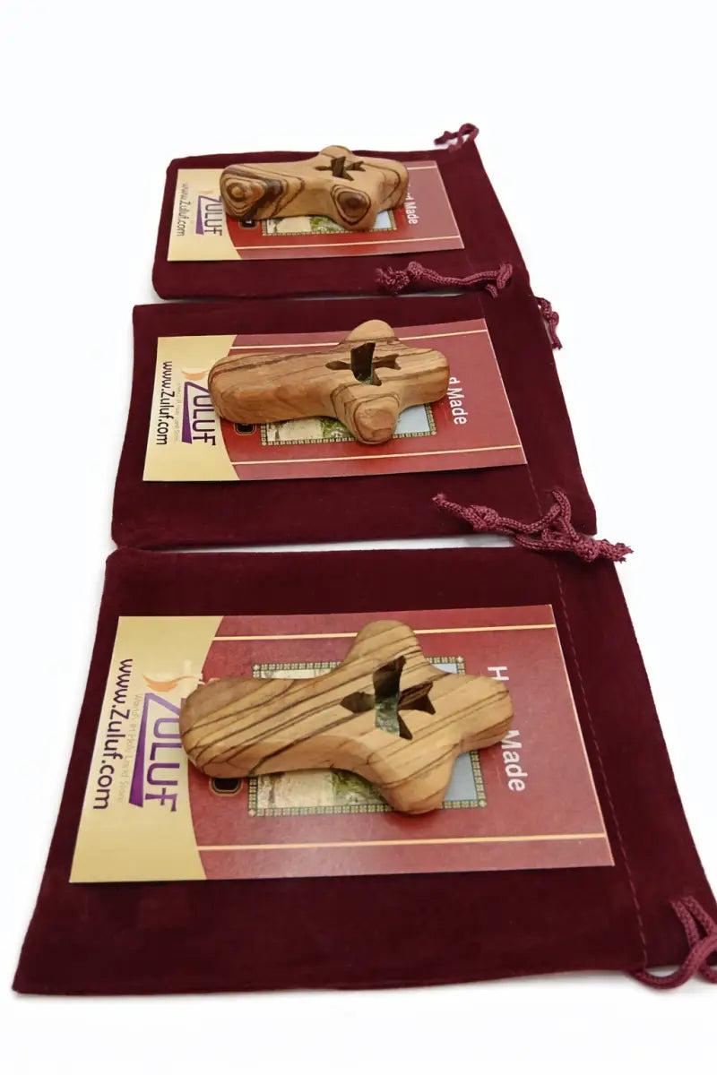 Handmade olive wood cross with dove cutout from bethlehem holy land small christian pocket religious gift velvet bag