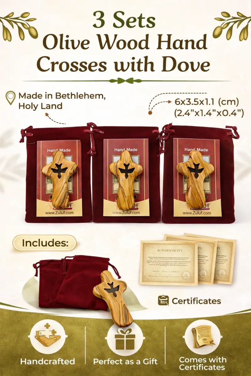 Handmade olive wood cross with dove cutout from bethlehem holy land small christian pocket religious gift velvet bag