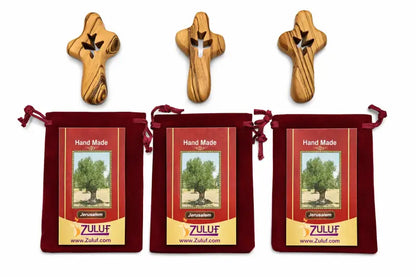 Handmade olive wood cross with dove cutout from bethlehem holy land small christian pocket religious gift velvet bag