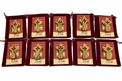 Handmade olive wood cross with dove cutout from bethlehem holy land small christian pocket religious gift velvet bag