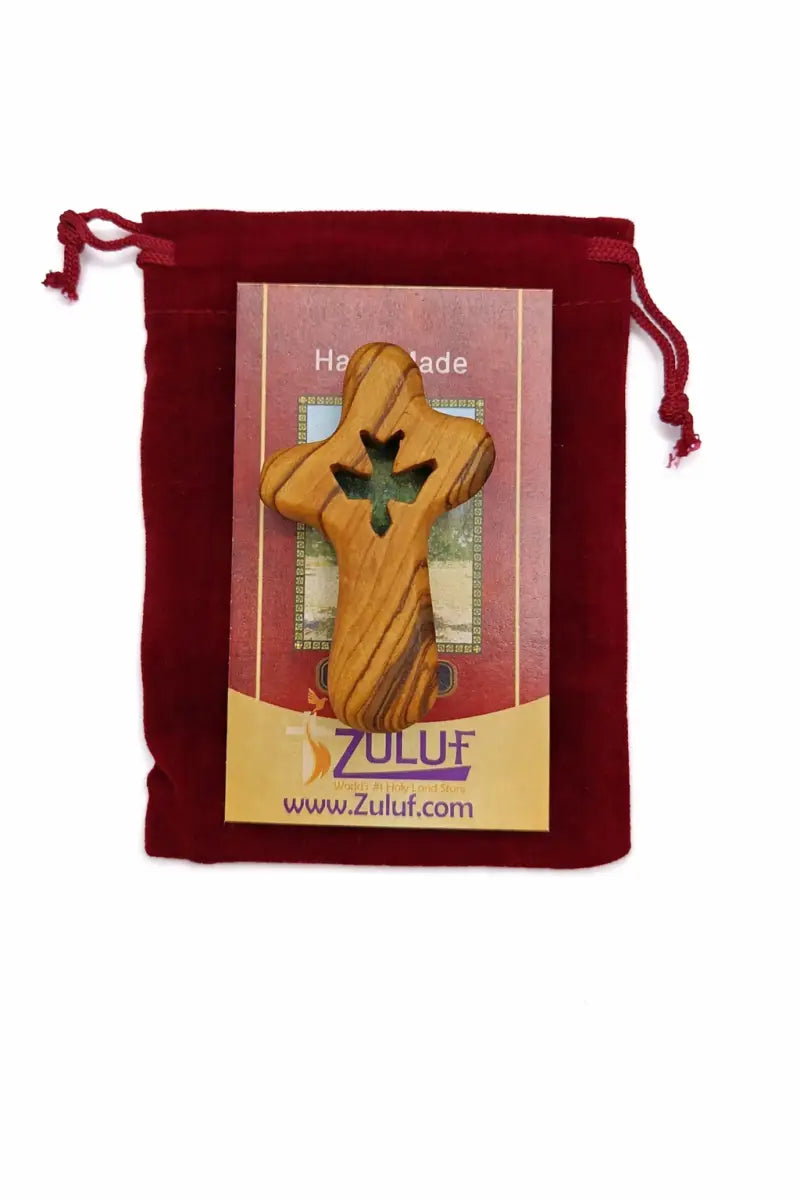 Handmade olive wood cross with dove cutout from bethlehem holy land small christian pocket religious gift velvet bag
