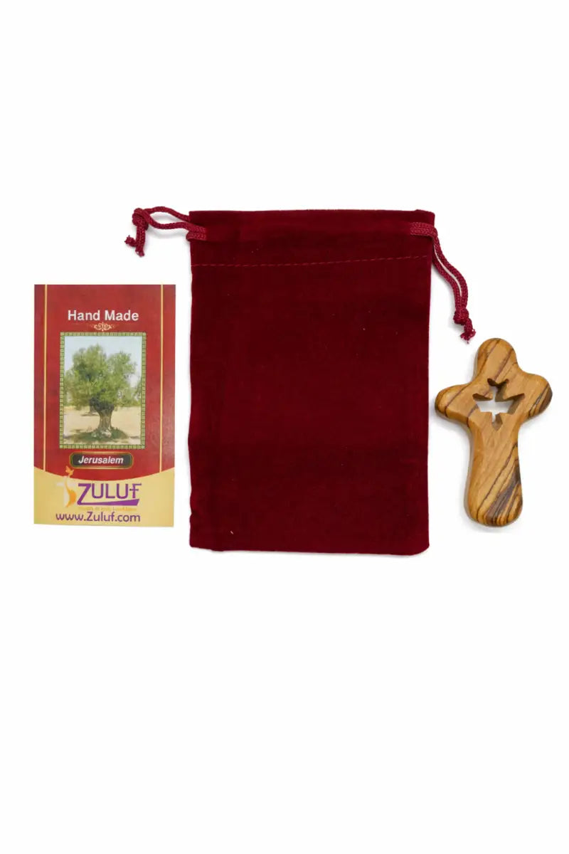 Handmade olive wood cross with dove cutout from bethlehem holy land small christian pocket religious gift velvet bag