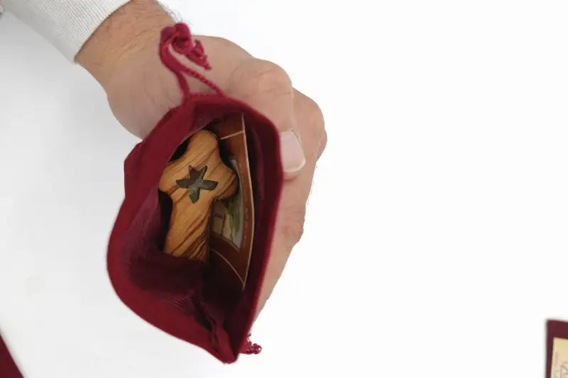 Handmade olive wood cross with dove cutout from bethlehem holy land small christian pocket religious gift velvet bag