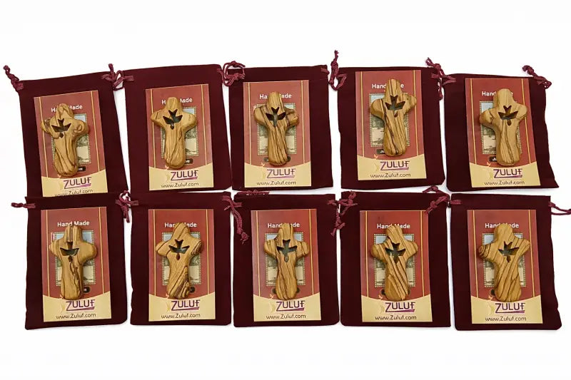 Handmade olive wood cross with dove cutout from bethlehem holy land small christian pocket religious gift velvet bag