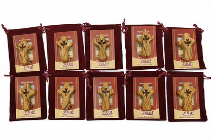 Handmade olive wood cross with dove cutout from bethlehem holy land small christian pocket religious gift velvet bag