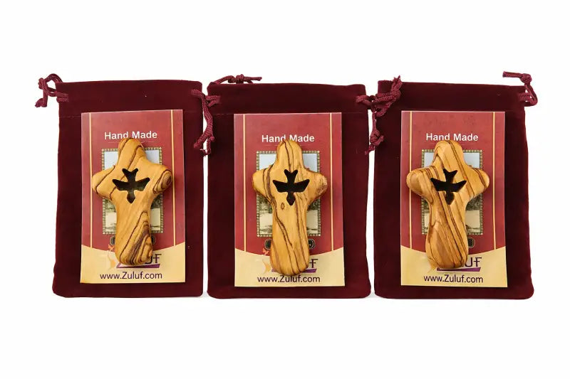 Handmade olive wood cross with dove cutout from bethlehem holy land small christian pocket religious gift velvet bag