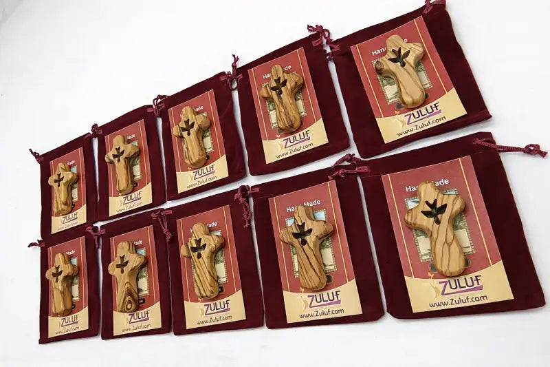Handmade olive wood cross with dove cutout from bethlehem holy land small christian pocket religious gift velvet bag