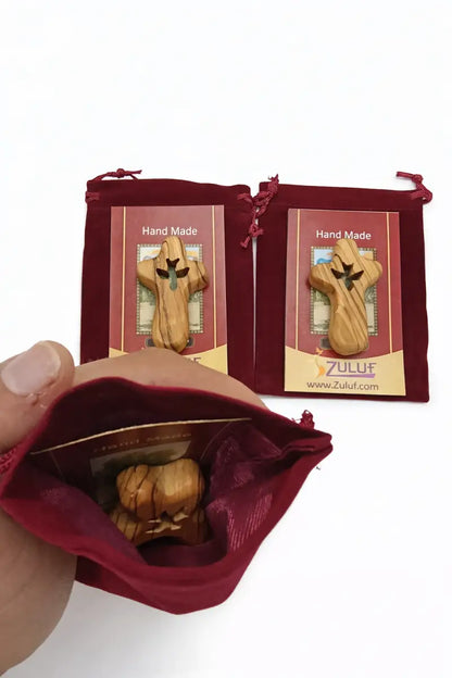 Handmade olive wood cross with dove cutout from bethlehem holy land small christian pocket religious gift velvet bag