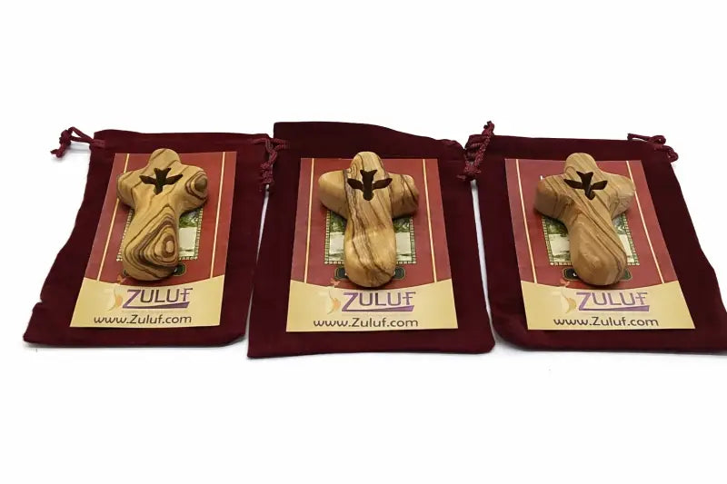 Handmade olive wood cross with dove cutout from bethlehem holy land small christian pocket religious gift velvet bag